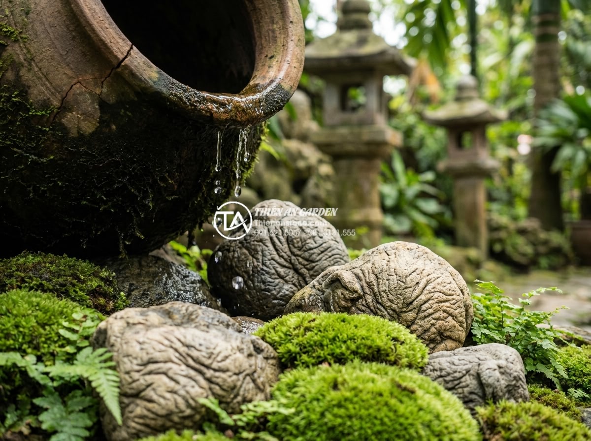 Nghệ thuật tiểu cảnh chum vỡ: Ý tưởng tái tạo không gian đầy phá cách - Close-up of water droplets cascading from cracked edges of a decorative broken j