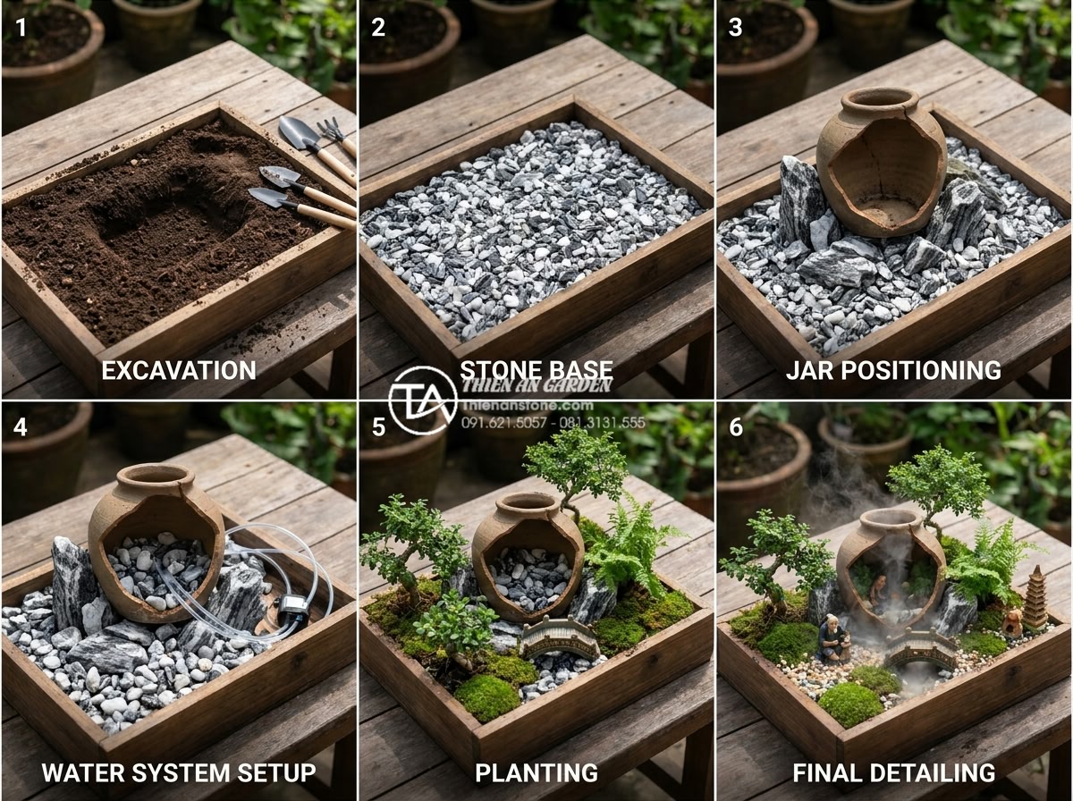 Nghệ thuật tiểu cảnh chum vỡ: Ý tưởng tái tạo không gian đầy phá cách - Step-by-step professional construction process of a broken jar miniature garden,