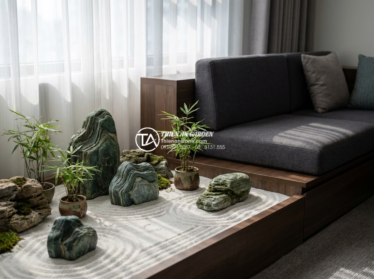 Nghệ thuật tiểu cảnh khô trong nhà: Giải pháp xanh cho không gian hẹp - Hình 2 Nghệ thuật tiểu cảnh khô trong nhà: Giải pháp xanh cho không gian hẹp - Photorealistic image of a serene indoor dry zen garden with polished black basal