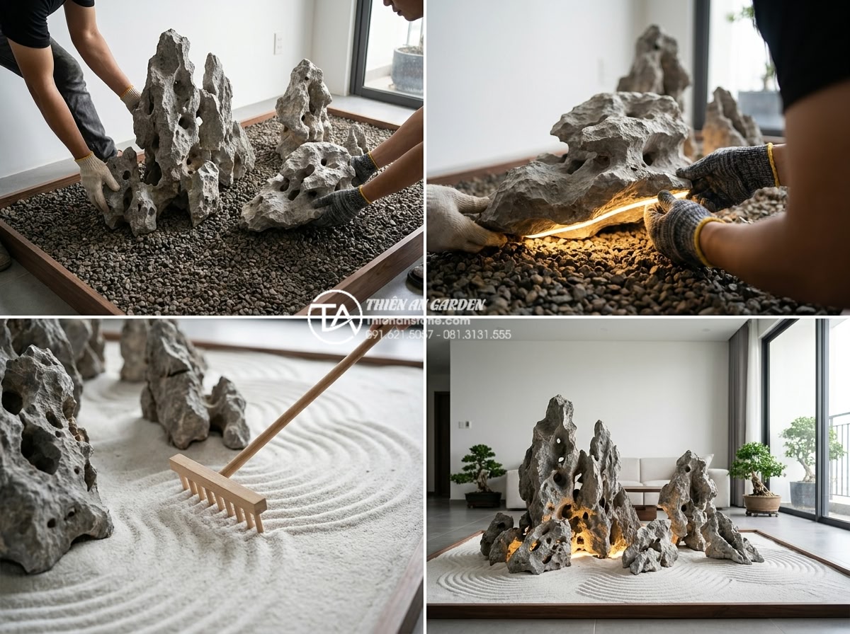 Nghệ thuật tiểu cảnh khô trong nhà: Giải pháp xanh cho không gian hẹp - Hình 6 Nghệ thuật tiểu cảnh khô trong nhà: Giải pháp xanh cho không gian hẹp - Step-by-step professional construction process of an indoor dry landscape: worke