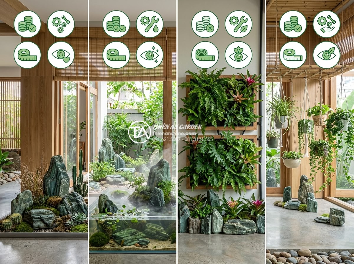Nghệ thuật tiểu cảnh khô trong nhà: Giải pháp xanh cho không gian hẹp - Hình 9 Nghệ thuật tiểu cảnh khô trong nhà: Giải pháp xanh cho không gian hẹp - Comparative visual chart style image showing side-by-side indoor green solutions