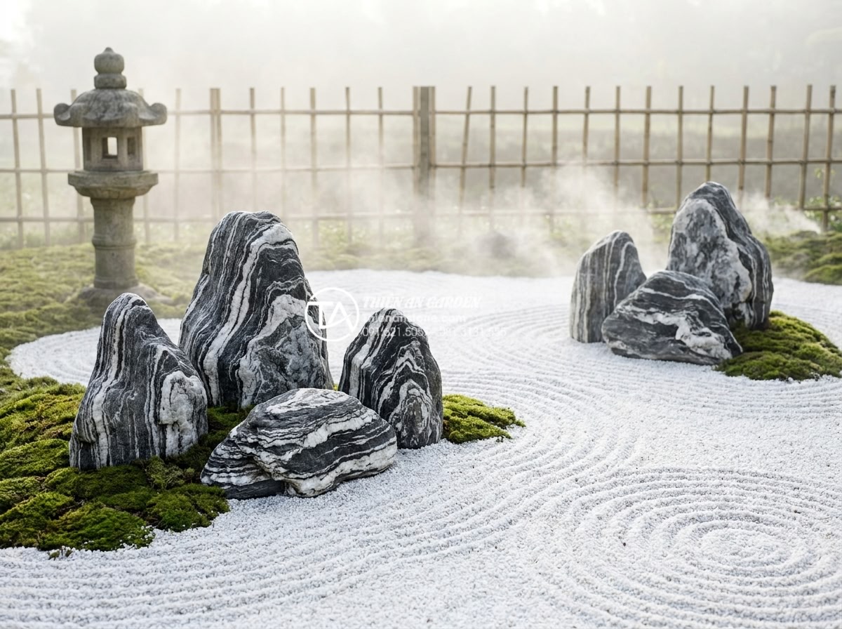 Phong cách Zen trong thiết kế tiểu cảnh non bộ: Tìm lại sự bình an - Minimalist Japanese Zen rock garden with large natural stones arranged asymmetri