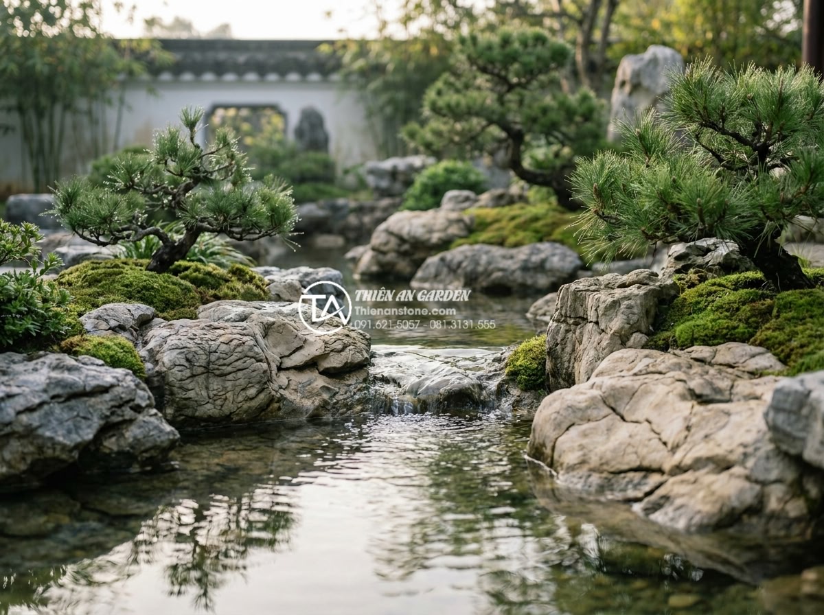 Phong cách Zen trong thiết kế tiểu cảnh non bộ: Tìm lại sự bình an - Hình 5 Phong cách Zen trong thiết kế tiểu cảnh non bộ: Tìm lại sự bình an - Zen garden water feature with gently flowing stream over natural rocks, surround