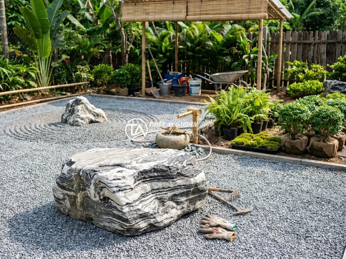 Phong cách Zen trong thiết kế tiểu cảnh non bộ: Tìm lại sự bình an - Hình 8 Phong cách Zen trong thiết kế tiểu cảnh non bộ: Tìm lại sự bình an - Step-by-step professional Zen garden construction process showing workers carefu
