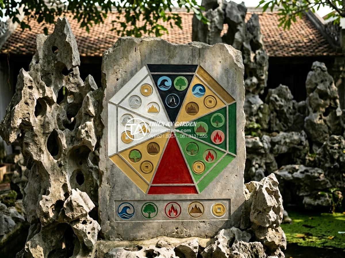 Phong thủy tiểu cảnh vách tường: Cách đặt hướng đón tài lộc cho gia chủ - Color-coded Feng Shui bagua chart with five elements and specific directions for