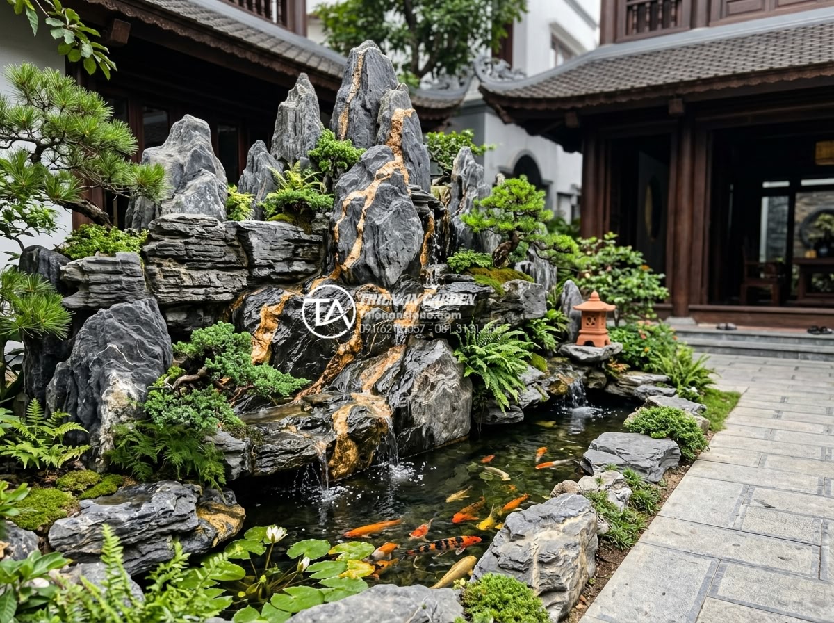 Phong thủy tiểu cảnh vách tường: Cách đặt hướng đón tài lộc cho gia chủ - Custom designed natural stone wall water scene positioned according to precise F