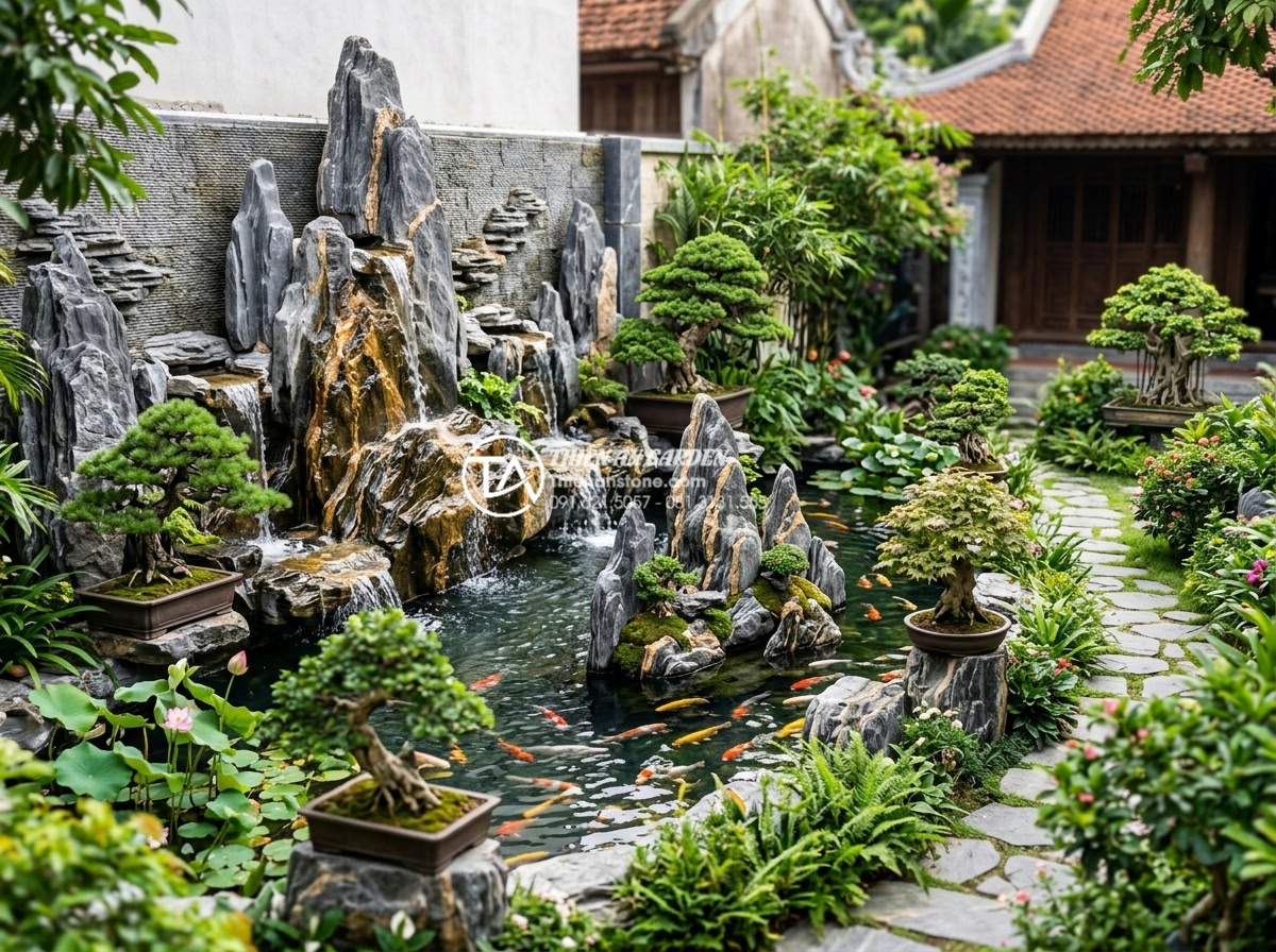 Phong thủy tiểu cảnh vách tường: Cách đặt hướng đón tài lộc cho gia chủ - Integrated Feng Shui landscape with wall stone water features combined with Koi 