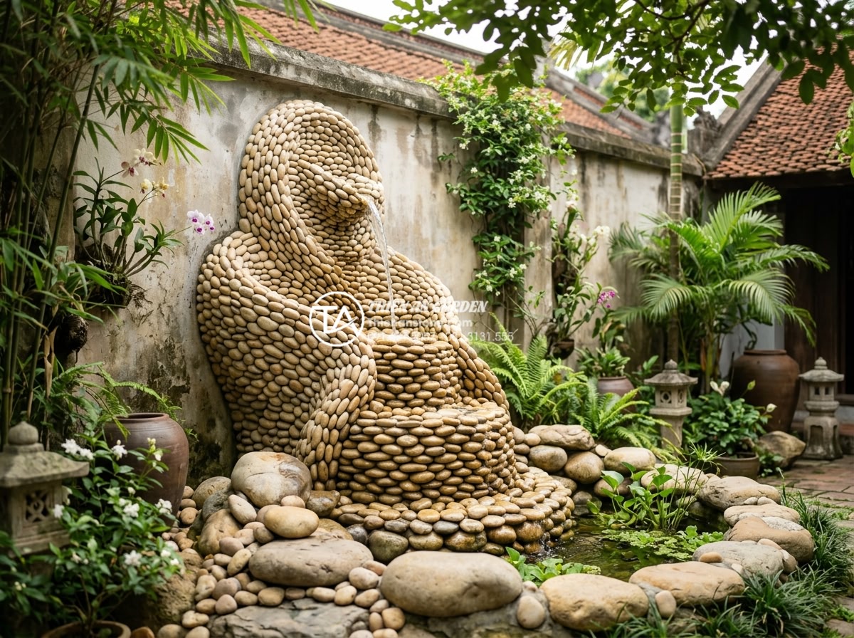 Phong thủy tiểu cảnh vách tường: Cách đặt hướng đón tài lộc cho gia chủ - Wide angle view of elegant wall-mounted stone sculpture fountain with natural ro