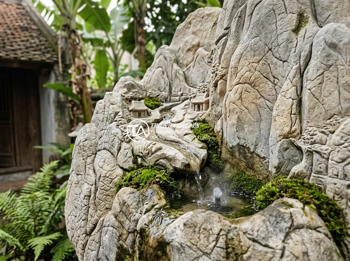Phong thủy tiểu cảnh vách tường: Cách đặt hướng đón tài lộc cho gia chủ - Detailed close-up of hand-carved natural stone wall art with water feature eleme