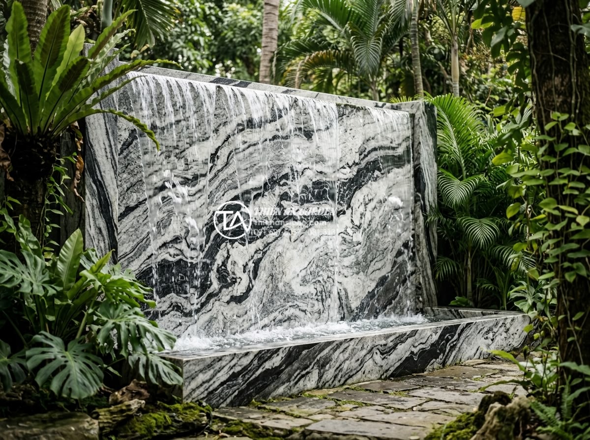 Quy trình chống thấm vách tường triệt để trước khi làm tiểu cảnh nước - Finished stone water wall feature with flowing water after successful waterproof