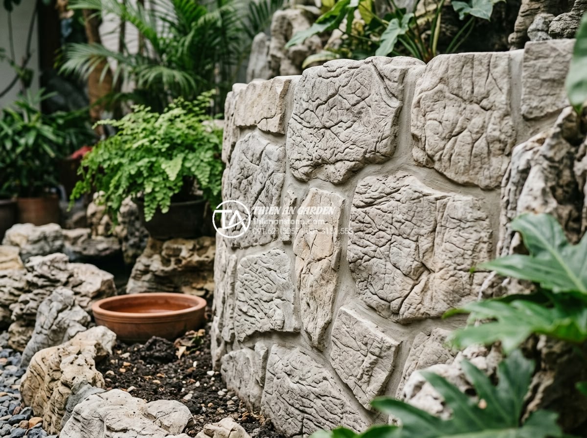 Quy trình chống thấm vách tường triệt để trước khi làm tiểu cảnh nước - Clean and repaired wall surface ready for waterproof membrane application in nat