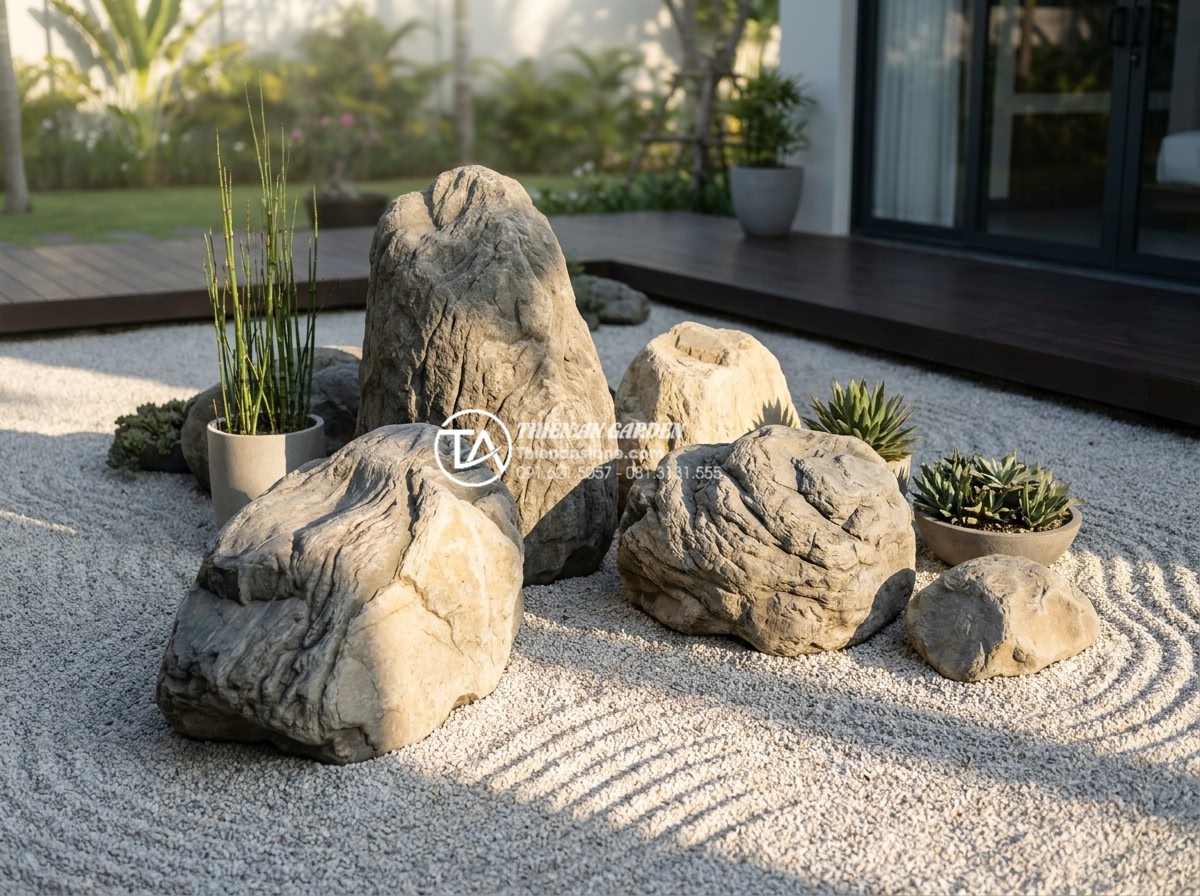 Quy trình thi công tiểu cảnh khô sân vườn từ A-Z cho người mới - Hình 1 Quy trình thi công tiểu cảnh khô sân vườn từ A-Z cho người mới - Professional high-resolution photograph of a modern Vietnamese dry zen garden in