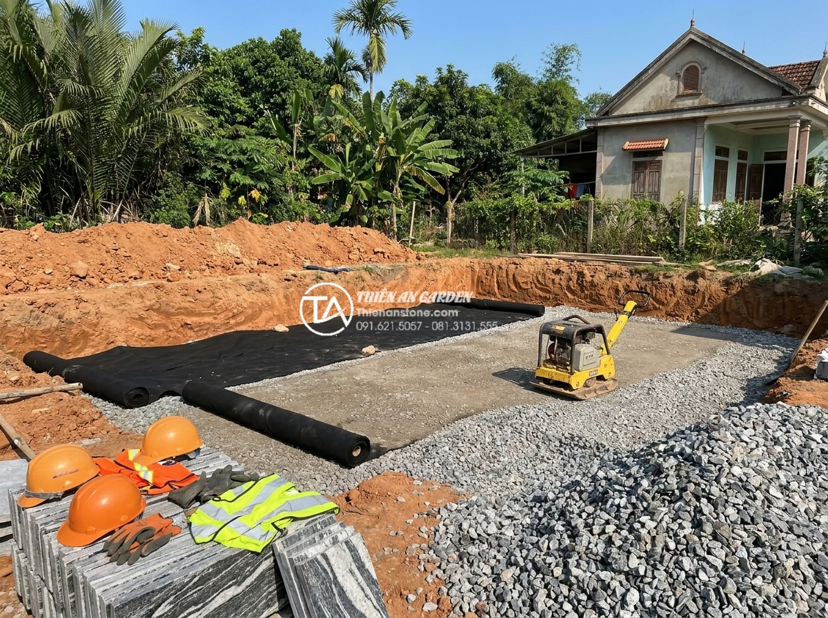 Quy trình thi công tiểu cảnh khô sân vườn từ A-Z cho người mới - Hình 11 Quy trình thi công tiểu cảnh khô sân vườn từ A-Z cho người mới - Construction workers preparing foundation for dry garden, excavating soil, layin