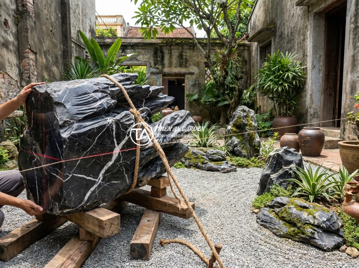 Quy trình thi công tiểu cảnh khô sân vườn từ A-Z cho người mới - Hình 13 Quy trình thi công tiểu cảnh khô sân vườn từ A-Z cho người mới - Artisan carefully positioning large natural stone in dry garden arrangement, usi