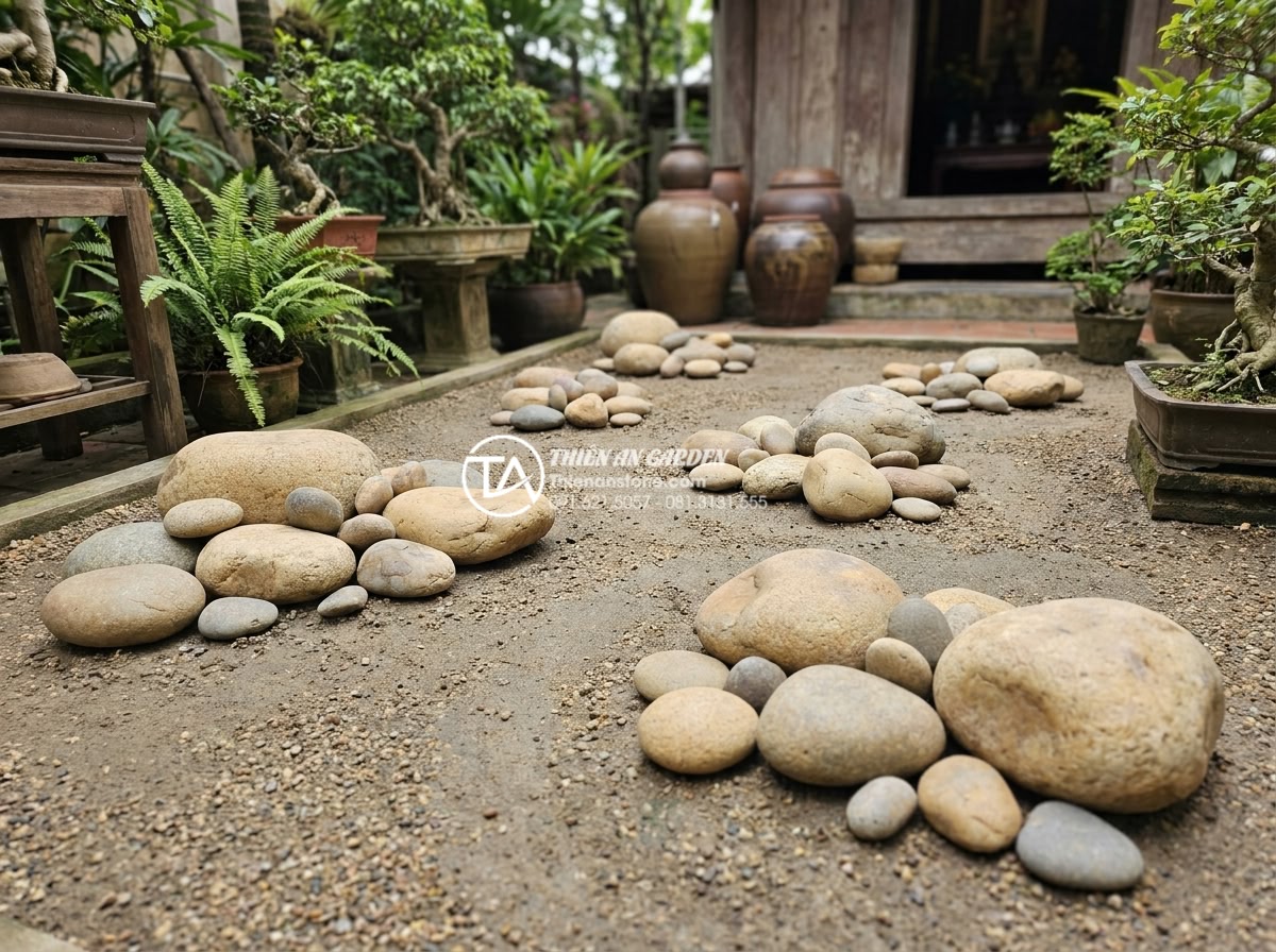 Quy trình thi công tiểu cảnh khô sân vườn từ A-Z cho người mới - Hình 14 Quy trình thi công tiểu cảnh khô sân vườn từ A-Z cho người mới - Completed stone arrangement in dry zen garden before gravel raking, large and sm