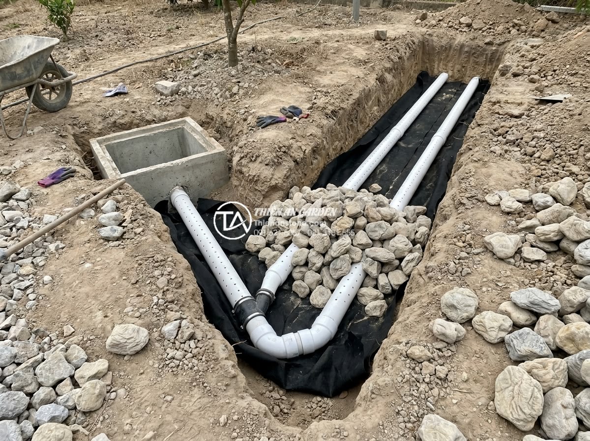 Quy trình thi công tiểu cảnh khô sân vườn từ A-Z cho người mới - Hình 15 Quy trình thi công tiểu cảnh khô sân vườn từ A-Z cho người mới - Installation of underground drainage pipes for dry garden, workers laying perfor