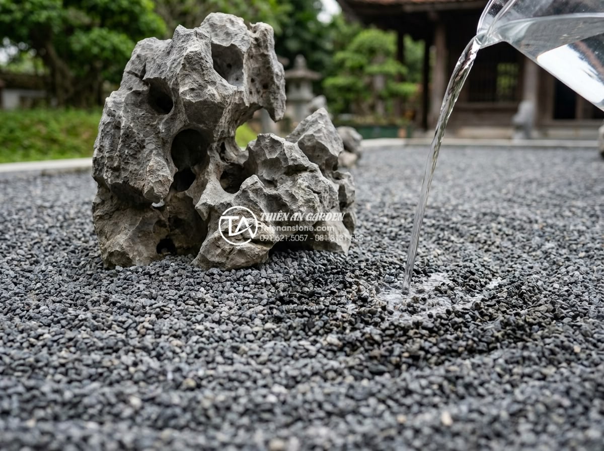 Quy trình thi công tiểu cảnh khô sân vườn từ A-Z cho người mới - Hình 16 Quy trình thi công tiểu cảnh khô sân vườn từ A-Z cho người mới - Close-up of finished gravel surface with perfect raked wave patterns in dry zen
