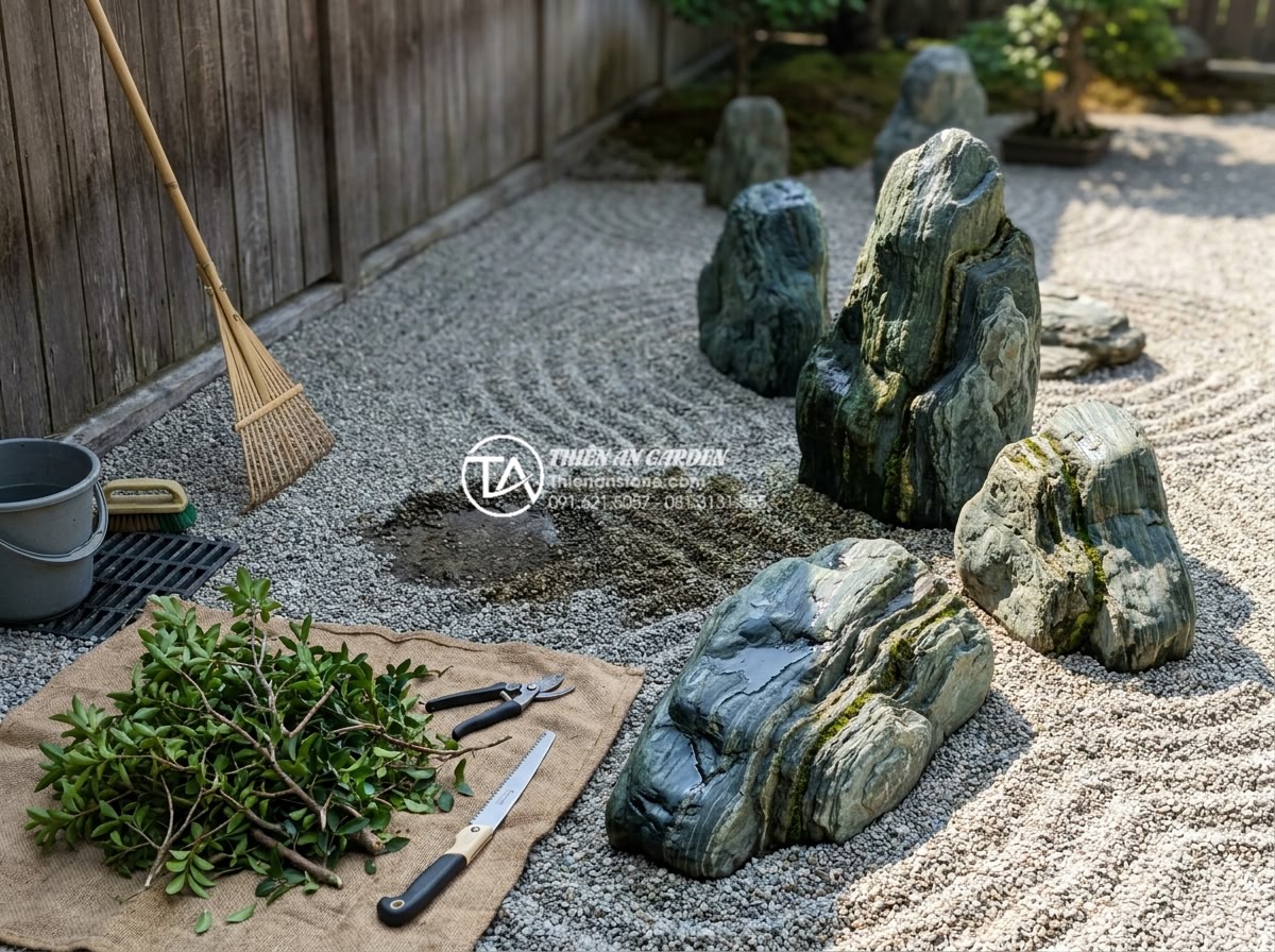 Quy trình thi công tiểu cảnh khô sân vườn từ A-Z cho người mới - Hình 19 Quy trình thi công tiểu cảnh khô sân vườn từ A-Z cho người mới - Maintenance team performing routine care on dry zen garden, raking gravel patter