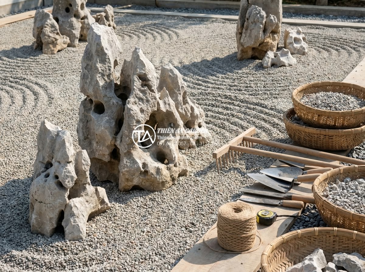 Quy trình thi công tiểu cảnh khô sân vườn từ A-Z cho người mới - Hình 2 Quy trình thi công tiểu cảnh khô sân vườn từ A-Z cho người mới - Detailed close-up view of a dry landscape garden construction site in Vietnam, s