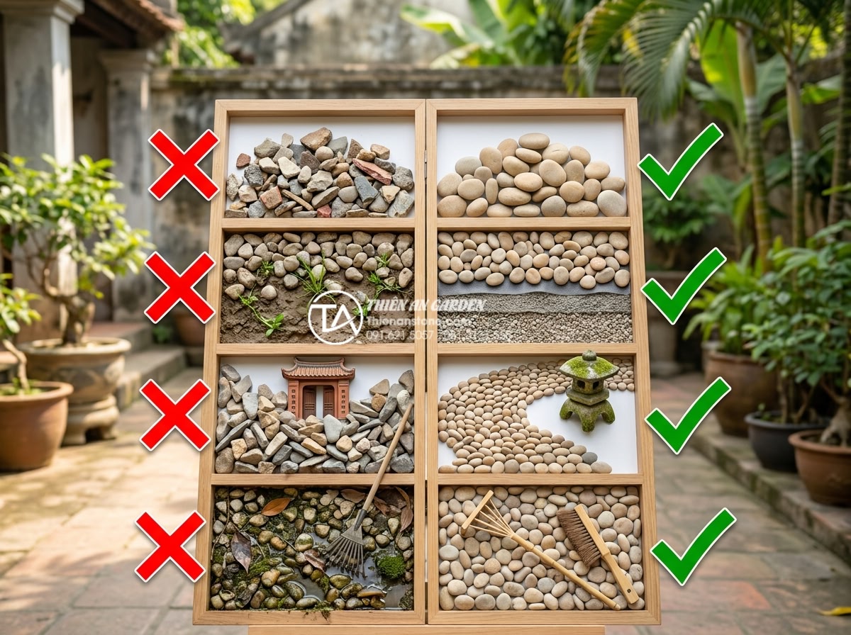 Quy trình thi công tiểu cảnh khô sân vườn từ A-Z cho người mới - Hình 21 Quy trình thi công tiểu cảnh khô sân vườn từ A-Z cho người mới - Educational infographic showing common mistakes in dry garden construction with