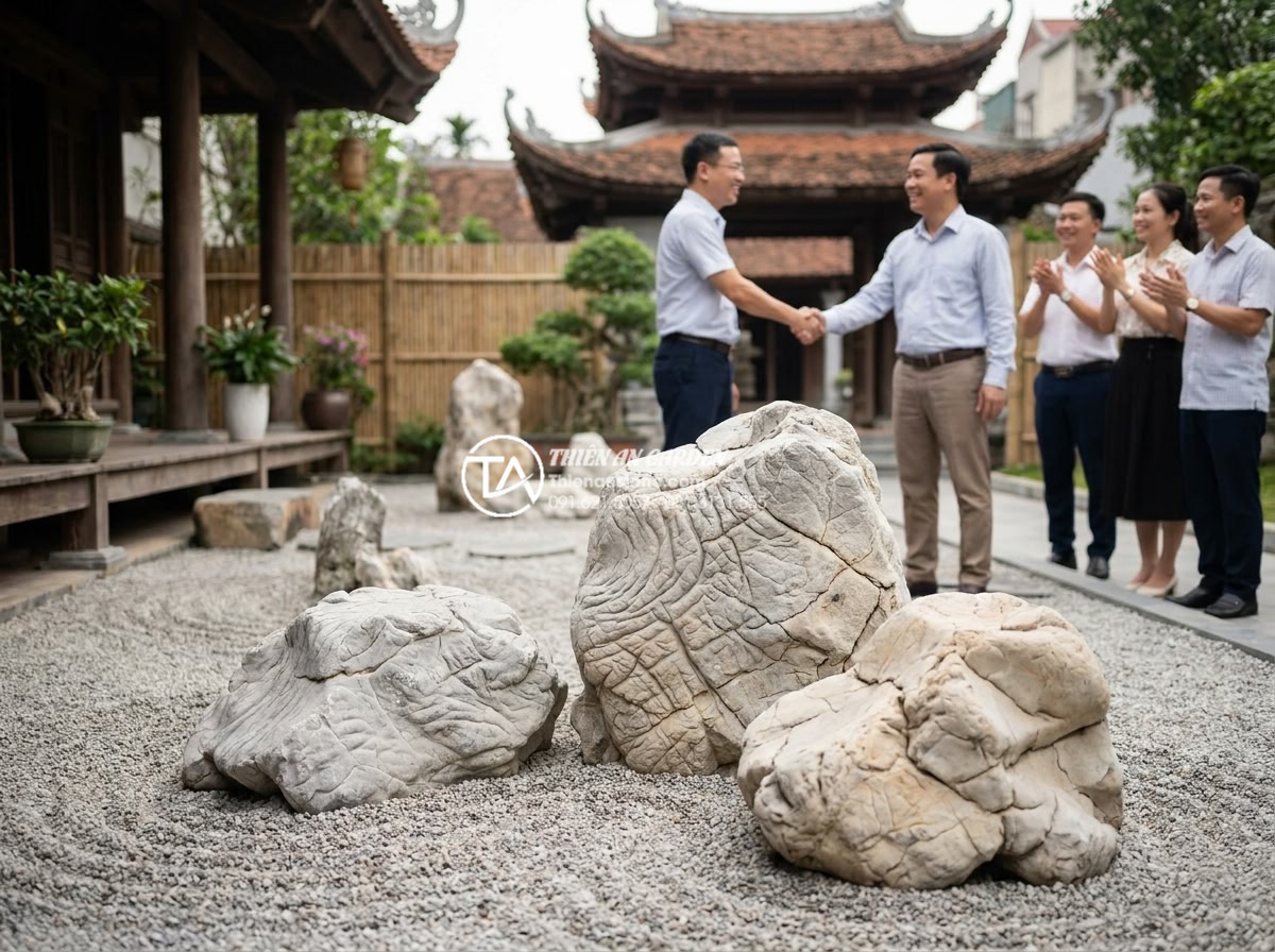 Quy trình thi công tiểu cảnh khô sân vườn từ A-Z cho người mới - Hình 22 Quy trình thi công tiểu cảnh khô sân vườn từ A-Z cho người mới - Happy client and construction team celebrating successful completion of dry zen