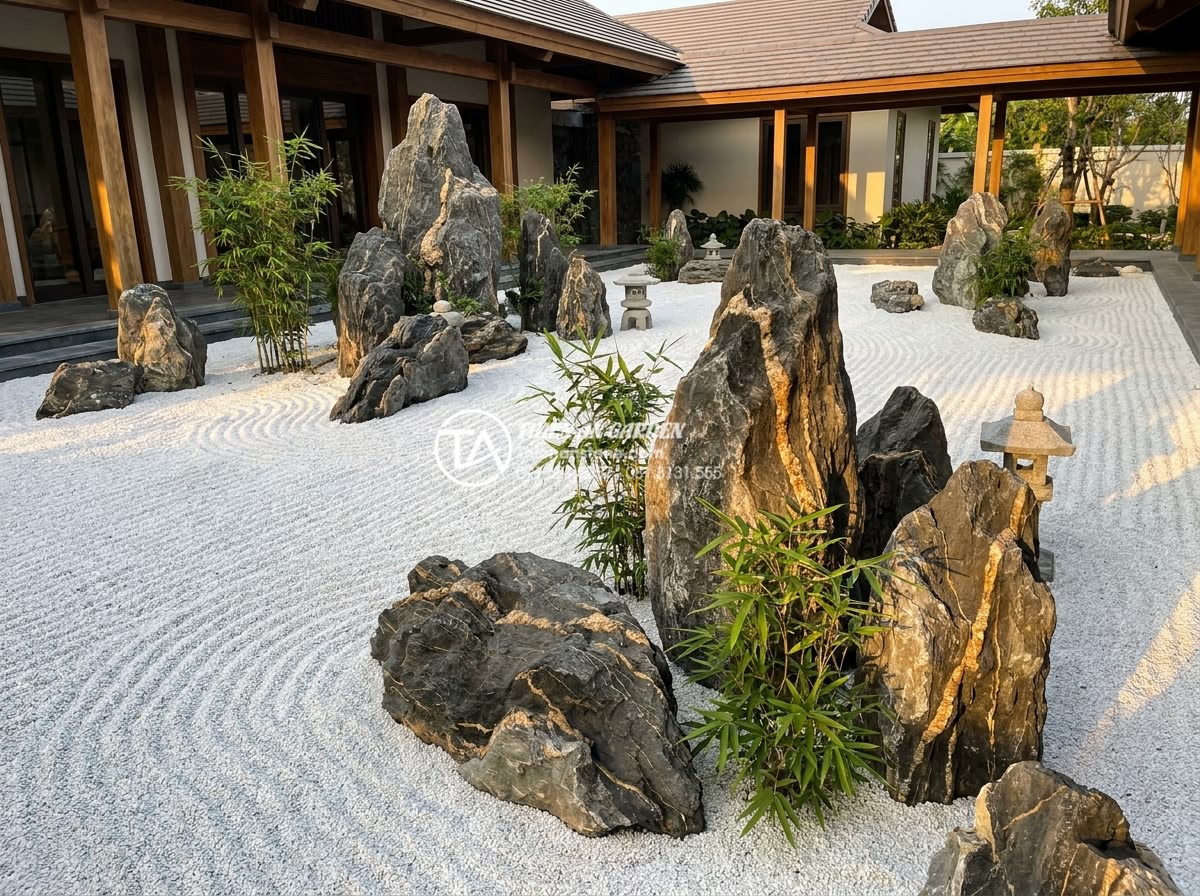 Quy trình thi công tiểu cảnh khô sân vườn từ A-Z cho người mới - Hình 3 Quy trình thi công tiểu cảnh khô sân vườn từ A-Z cho người mới - Wide angle realistic photo of a luxurious dry stone garden at a high-end Vietnam