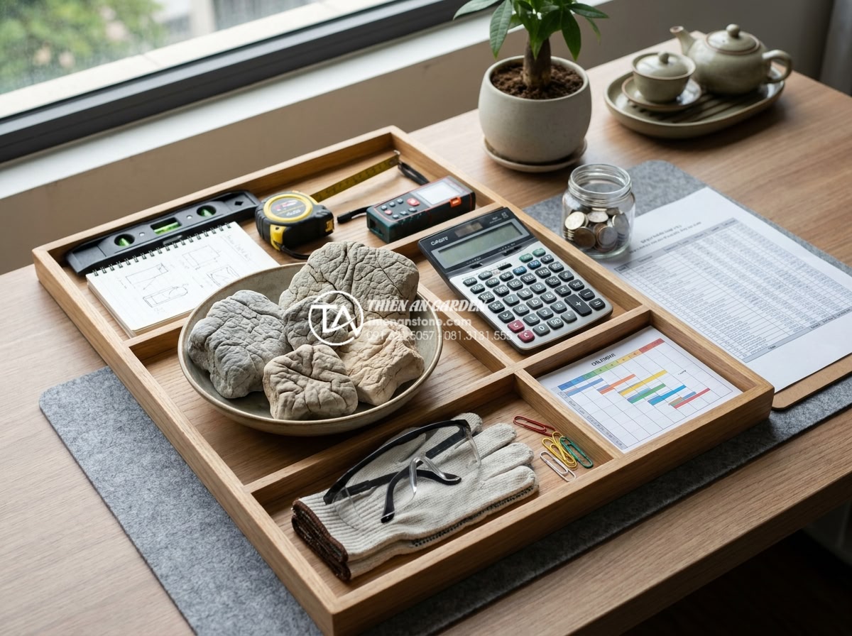 Quy trình thi công tiểu cảnh khô sân vườn từ A-Z cho người mới - Hình 8 Quy trình thi công tiểu cảnh khô sân vườn từ A-Z cho người mới - Detailed infographic style image showing preparation checklist for dry landscape