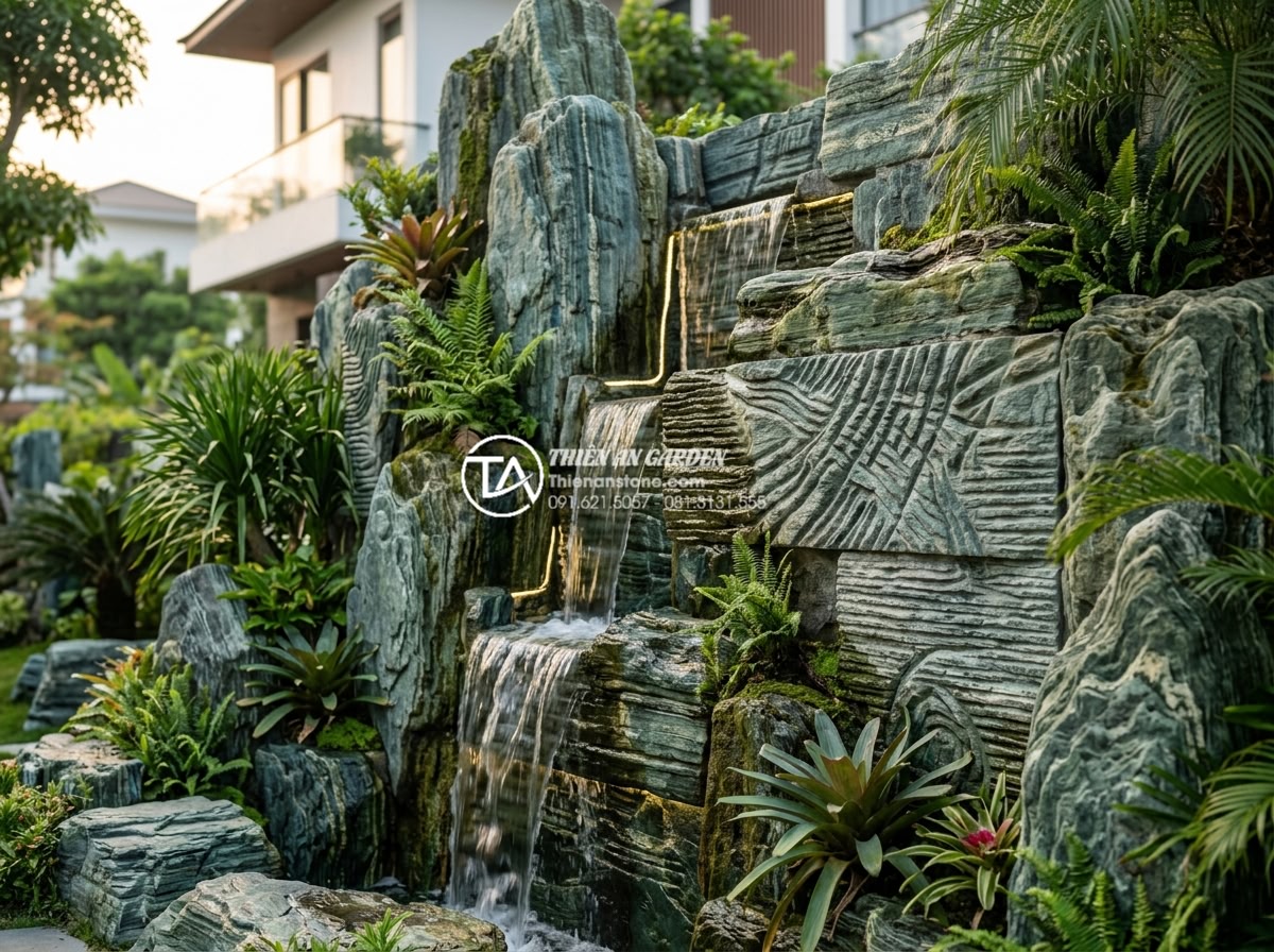 Review 5 đơn vị thi công tiểu cảnh vách tường uy tín tại Hà Nội và TP.HCM - Vertical natural stone wall landscape with cascading water feature, hand-carved 