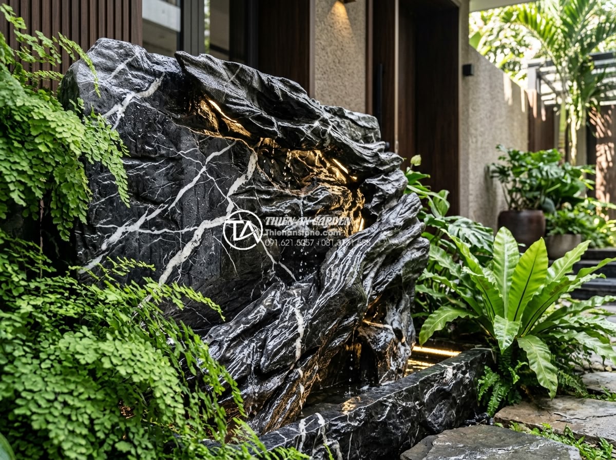 Review 5 đơn vị thi công tiểu cảnh vách tường uy tín tại Hà Nội và TP.HCM - Close-up of hand-carved natural limestone water wall feature with gentle cascadi