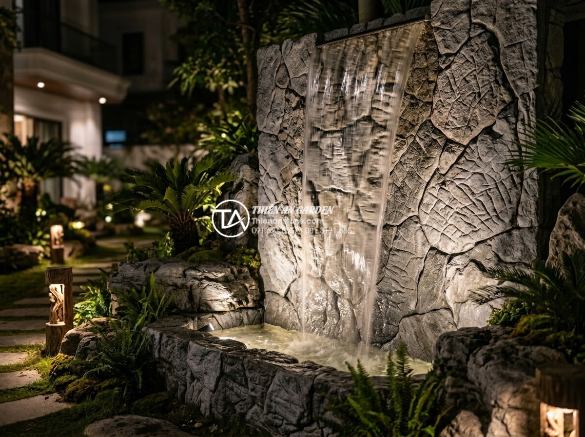 Review 5 đơn vị thi công tiểu cảnh vách tường uy tín tại Hà Nội và TP.HCM - Completed luxury vertical stone water wall in a Hanoi villa garden at night with