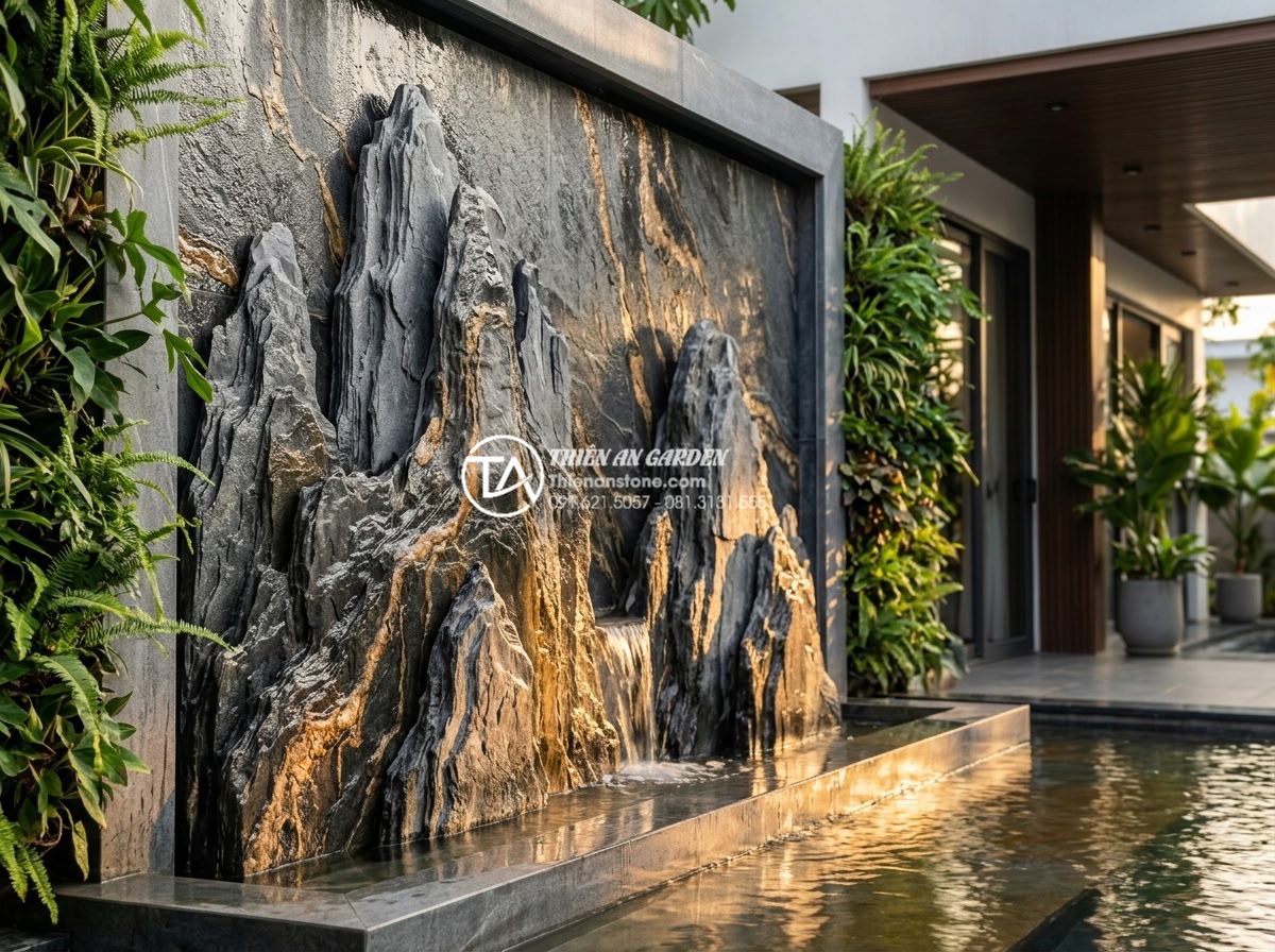 Review 5 đơn vị thi công tiểu cảnh vách tường uy tín tại Hà Nội và TP.HCM - Elegant modern water wall installation using white marble and natural stone in a