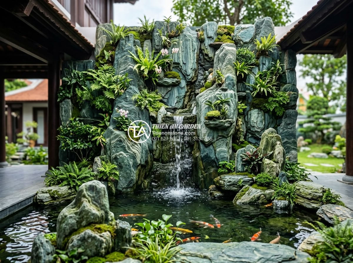 Review 5 đơn vị thi công tiểu cảnh vách tường uy tín tại Hà Nội và TP.HCM - Stunning custom natural stone vertical garden with waterfall and Koi pond integr