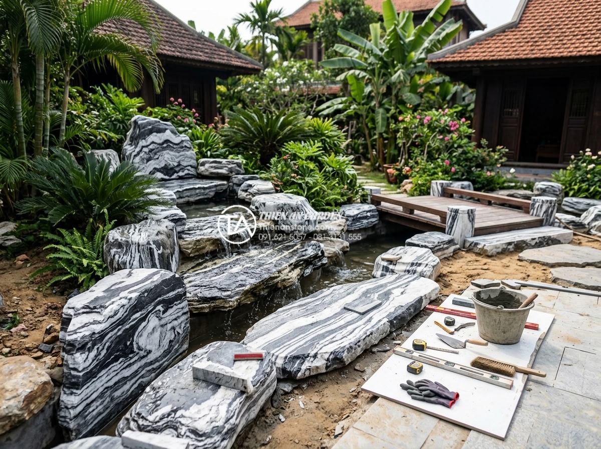 Review 5 loại đá tự nhiên tốt nhất để làm tiểu cảnh nước chảy bền đẹp - Professional team installing high quality natural stones in a luxury water garde