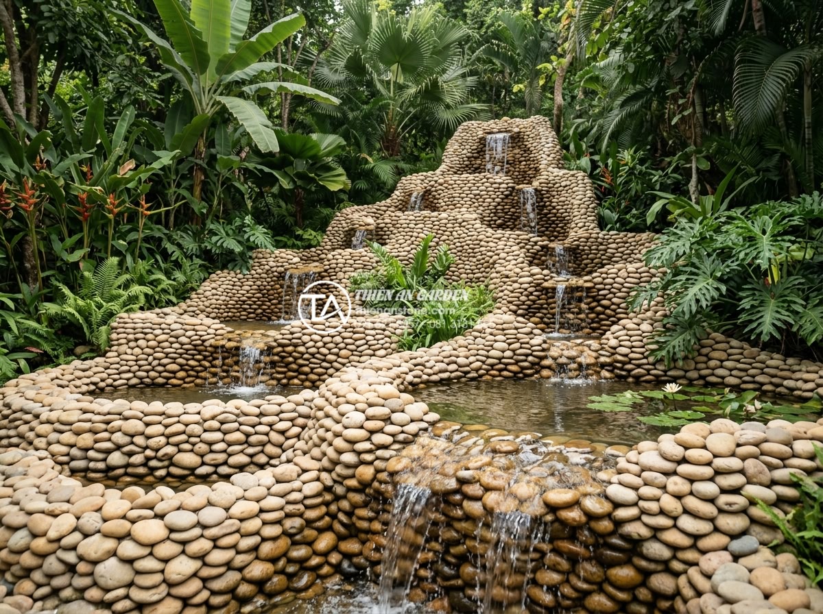 Review 5 loại đá tự nhiên tốt nhất để làm tiểu cảnh nước chảy bền đẹp - Diverse natural stones including granite and basalt used in a large scale water 