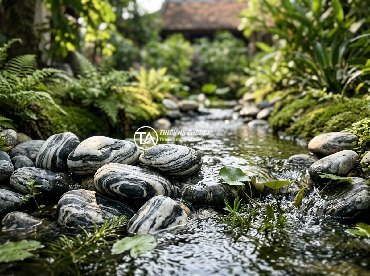 Review 5 loại đá tự nhiên tốt nhất để làm tiểu cảnh nước chảy bền đẹp - Smooth river pebbles in various earth tones arranged along a gentle stream with 