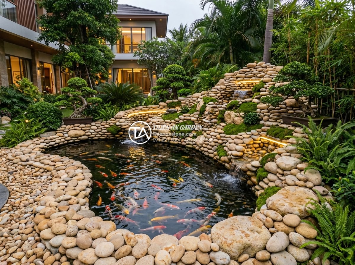 So sánh hòn non bộ đúc sẵn và thi công tại chỗ: Ưu và nhược điểm - High-resolution professional photograph of a luxurious modern Vietnamese villa g