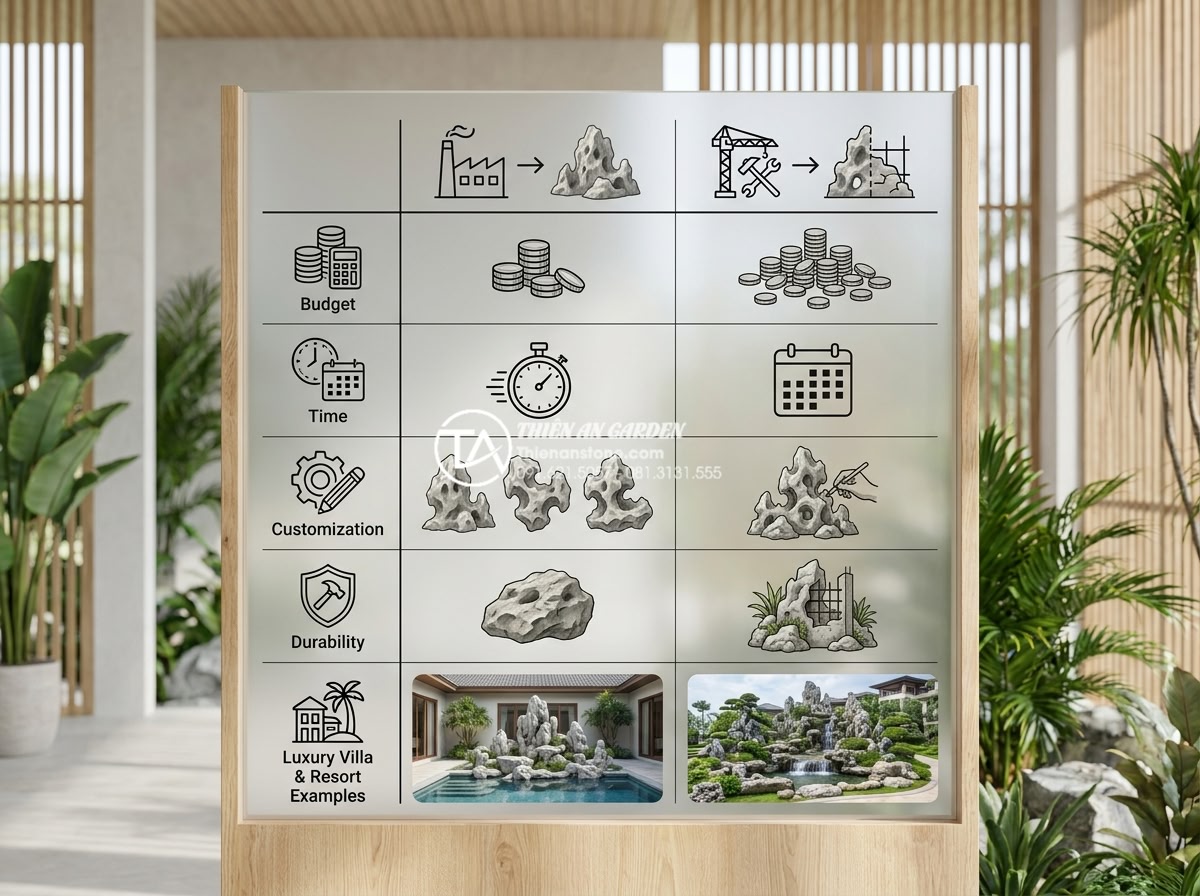 So sánh hòn non bộ đúc sẵn và thi công tại chỗ: Ưu và nhược điểm - Hình 10 So sánh hòn non bộ đúc sẵn và thi công tại chỗ: Ưu và nhược điểm - Decision matrix infographic for choosing between pre-cast and on-site hon non bo