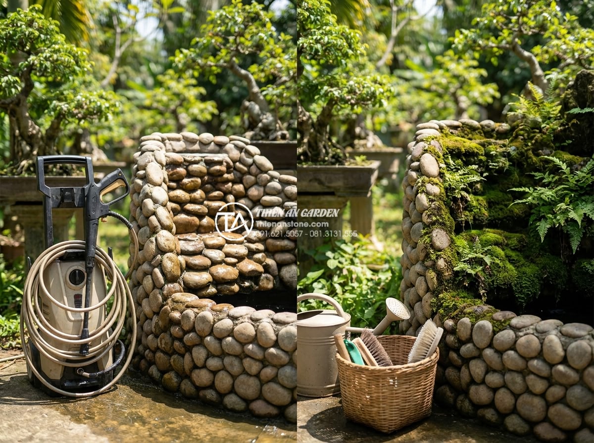 So sánh hòn non bộ đúc sẵn và thi công tại chỗ: Ưu và nhược điểm - Hình 8 So sánh hòn non bộ đúc sẵn và thi công tại chỗ: Ưu và nhược điểm - Maintenance comparison scene showing professional cleaning of pre-cast hon non b