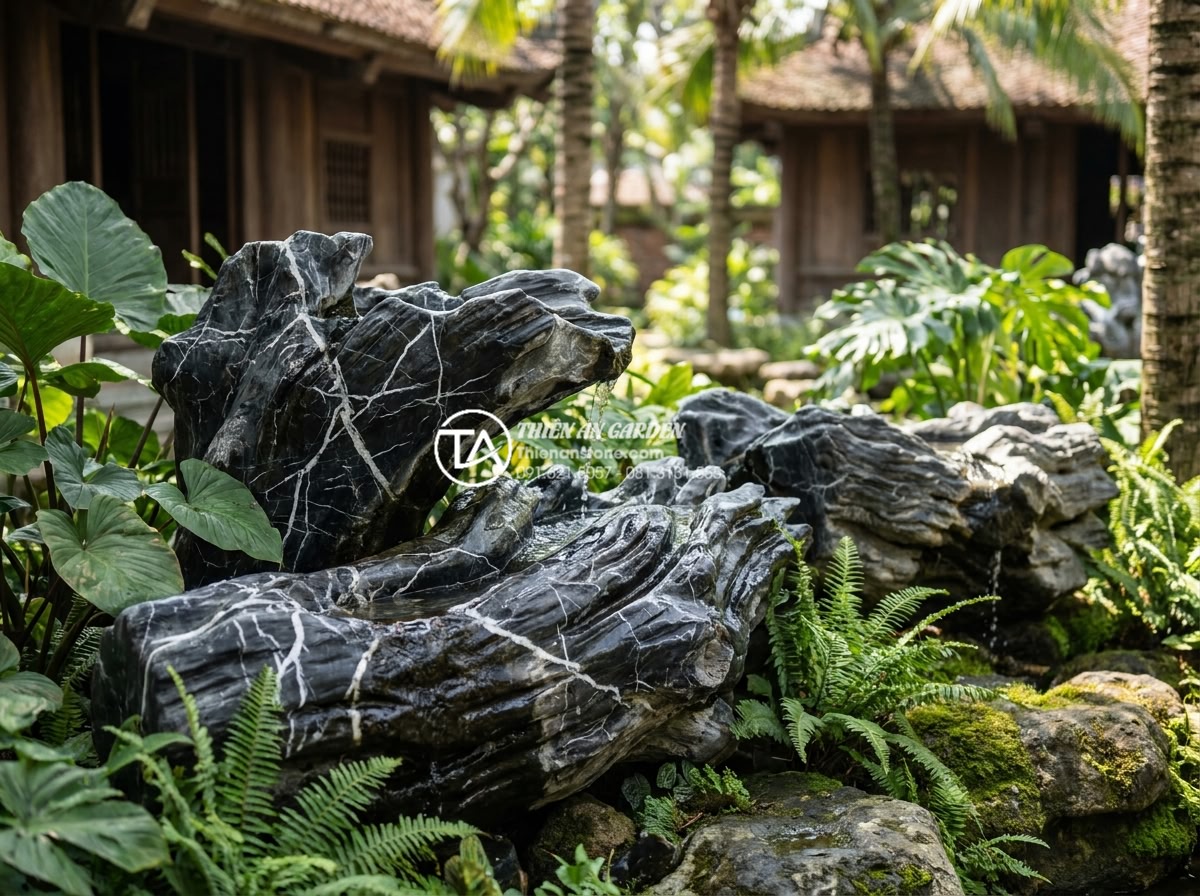 So sánh tiểu cảnh chum nước bằng đá tự nhiên và gốm sứ: Loại nào bền hơn? - Long-term outdoor installation of multiple stone water features in a luxury reso