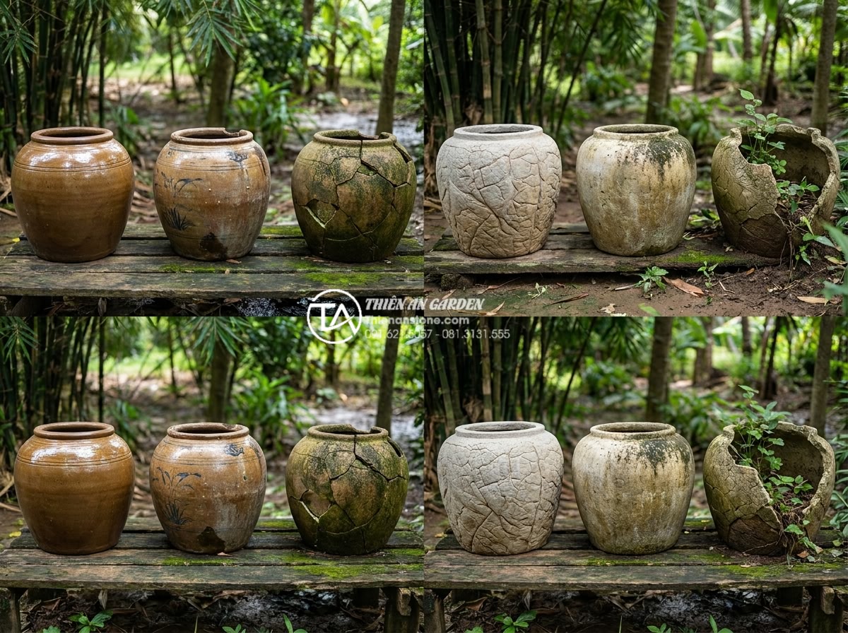 So sánh tiểu cảnh chum nước bằng đá tự nhiên và gốm sứ: Loại nào bền hơn? - Comparison infographic style image illustrating lifespan of ceramic vs stone wat