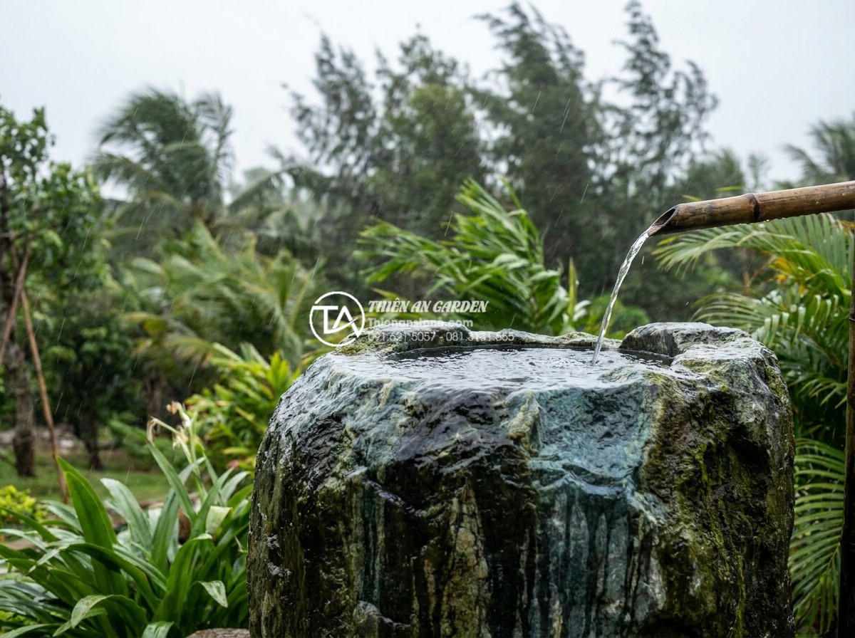 So sánh tiểu cảnh chum nước bằng đá tự nhiên và gốm sứ: Loại nào bền hơn? - Durable natural stone water jar withstanding heavy rain and strong wind in a sto