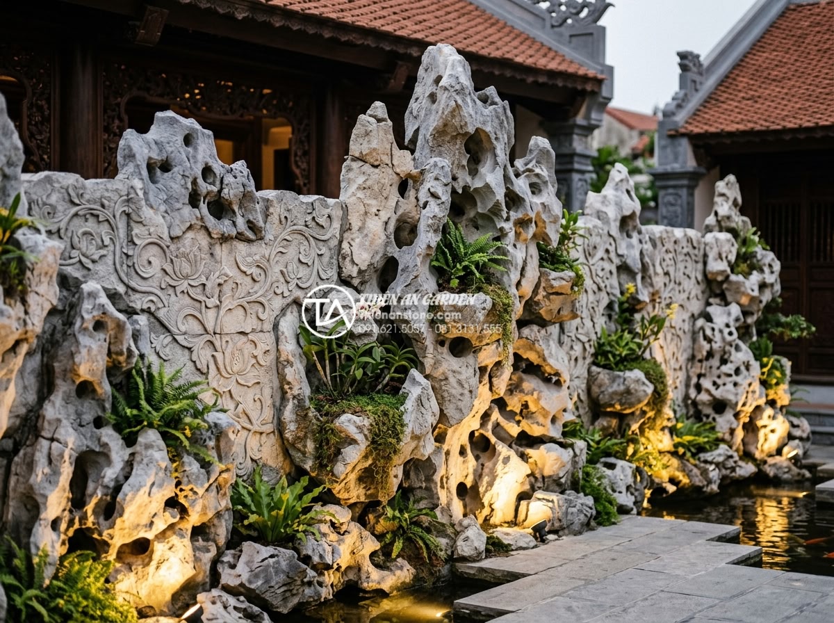 Sử dụng đá Slate Lai Châu làm tiểu cảnh vách tường: Sang trọng và bền bỉ - Luxurious classical style garden wall made from hand-selected Lai Chau slate pan