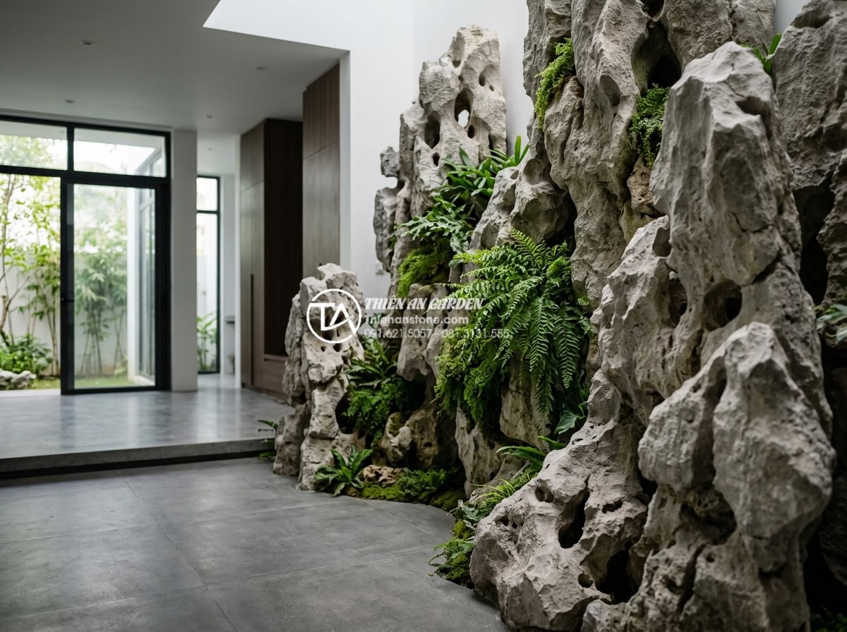 Sự khác biệt giữa tiểu cảnh vách tường khô và tiểu cảnh vách tường ướt - Modern Vietnamese luxury villa interior featuring a large dry stone wall landsca