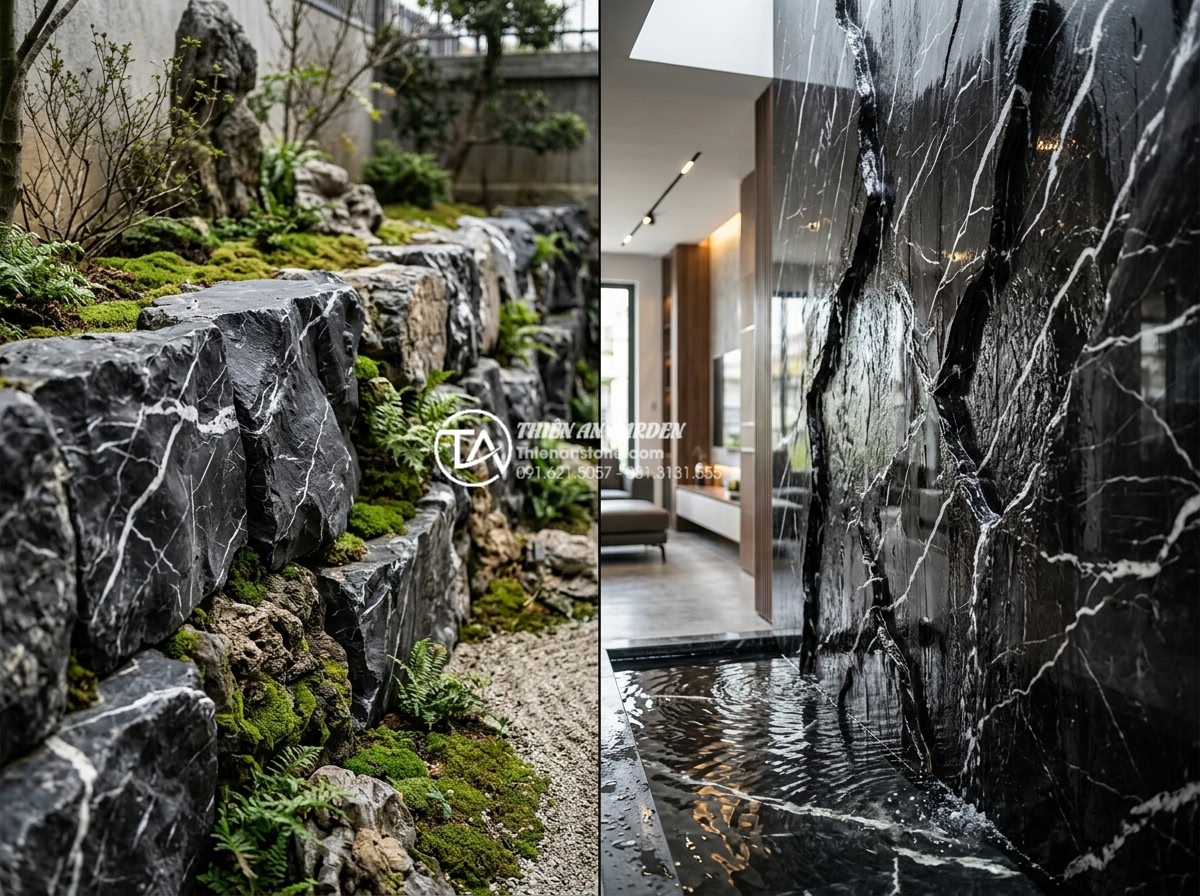 Sự khác biệt giữa tiểu cảnh vách tường khô và tiểu cảnh vách tường ướt - Split view artistic rendering comparing dry stone wall landscape with peaceful m