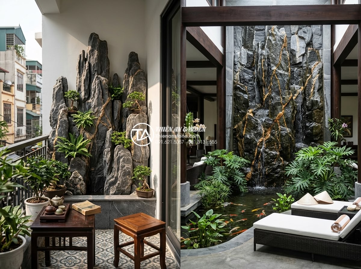 Sự khác biệt giữa tiểu cảnh vách tường khô và tiểu cảnh vách tường ướt - Real-life application examples collage showing dry wall landscape in compact tow