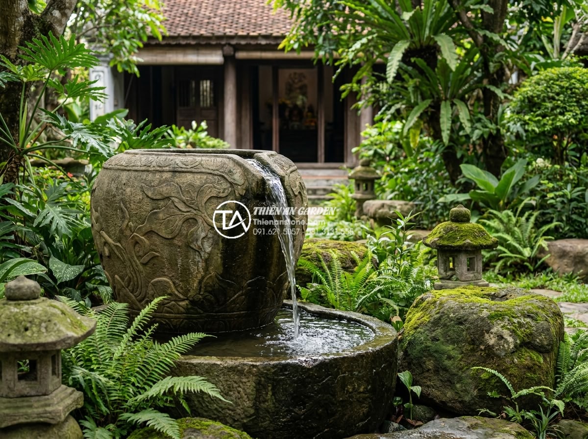 Tại sao tiểu cảnh chum nước bị đục và cách giải quyết triệt để trong 24h - Final professional portrait of a luxurious completed natural stone water jar lan