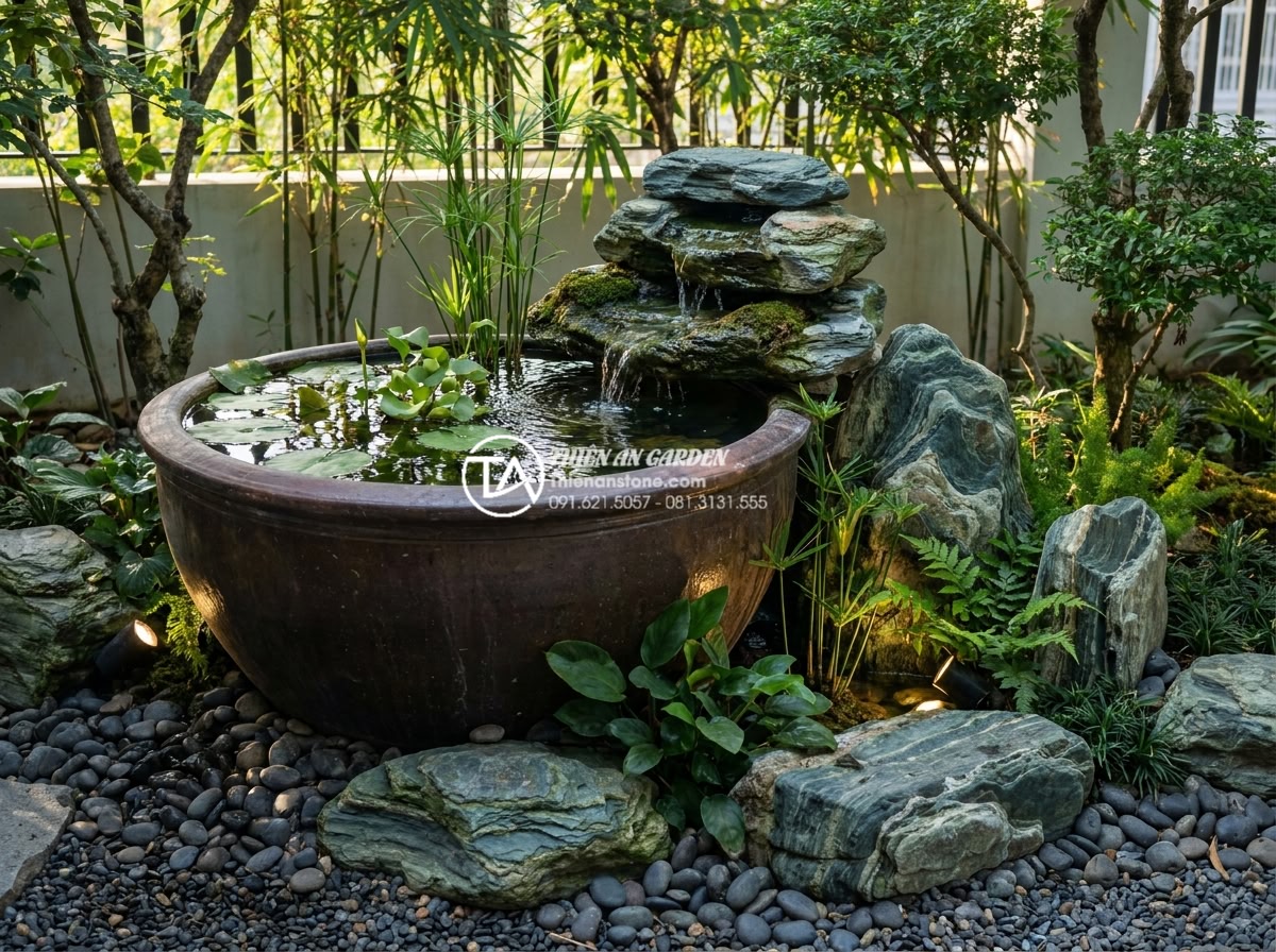 Tại sao tiểu cảnh chum nước bị đục và cách giải quyết triệt để trong 24h - Beautiful well-maintained clear water chum nuoc in a zen-style Vietnamese garden