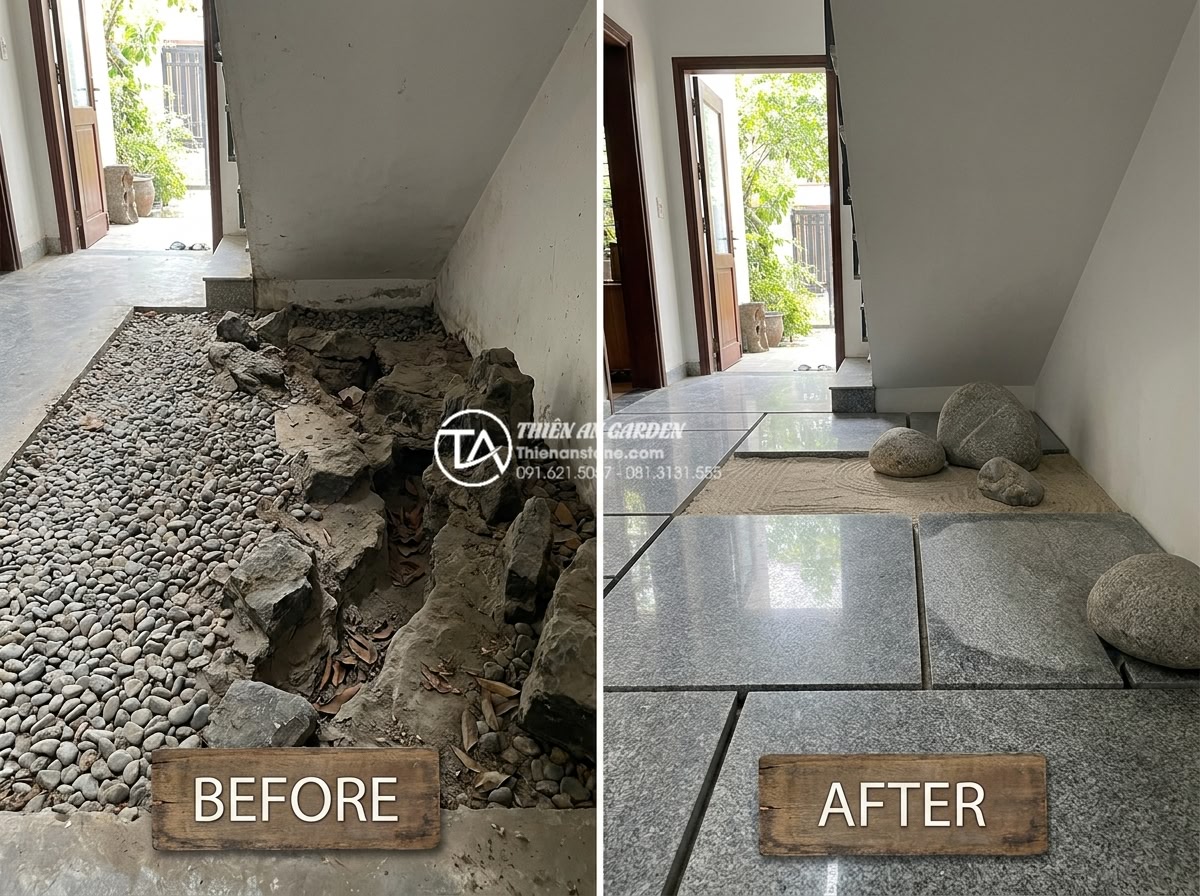 Tại sao tiểu cảnh khô gầm cầu thang thường bị bụi bẩn và cách khắc phục - Before-and-after comparison image of a poorly designed dry rock garden under sta