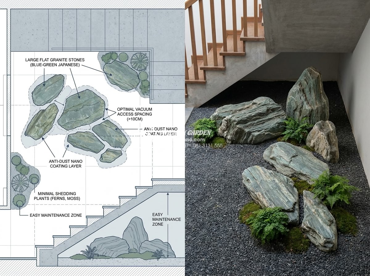 Tại sao tiểu cảnh khô gầm cầu thang thường bị bụi bẩn và cách khắc phục - Detailed technical diagram and real photo of an ideal dry rock garden layout und