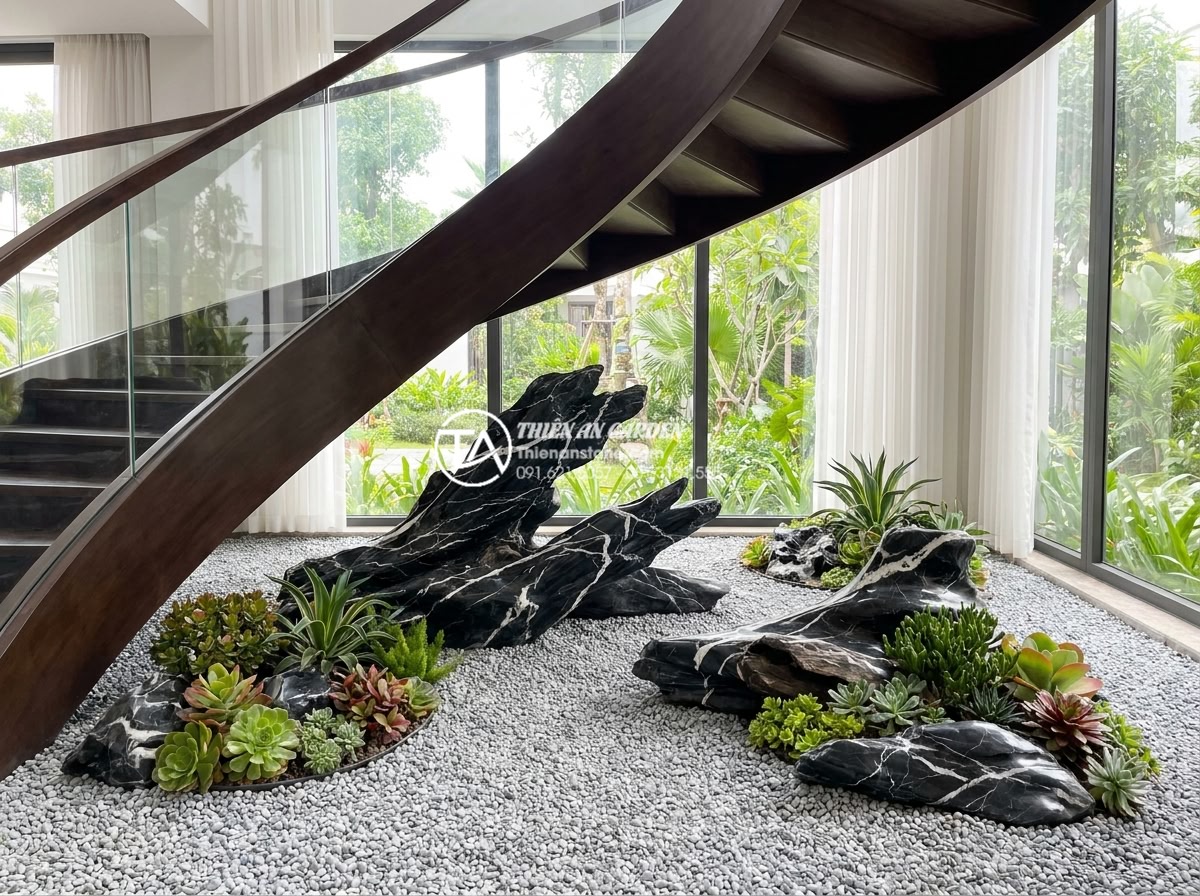 Tại sao tiểu cảnh khô gầm cầu thang thường bị bụi bẩn và cách khắc phục - Luxurious real-life photo of a spotlessly clean dry rock garden under a grand st